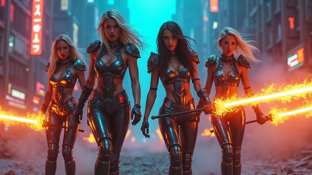 Cyberpunk Warriors in Dystopian Metropolis