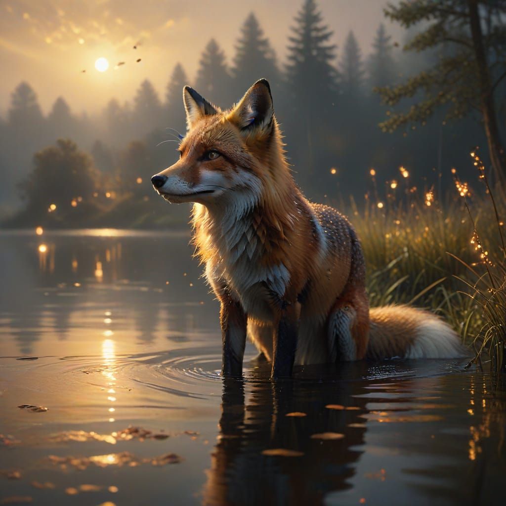 A lone fox standing at the edge of a lake