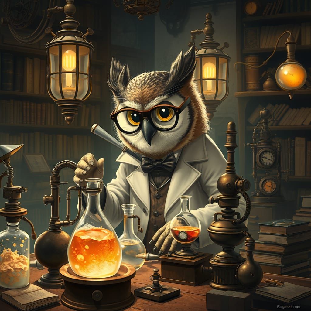 Steampunk Owl Scientist in Elaborate Laboratory
