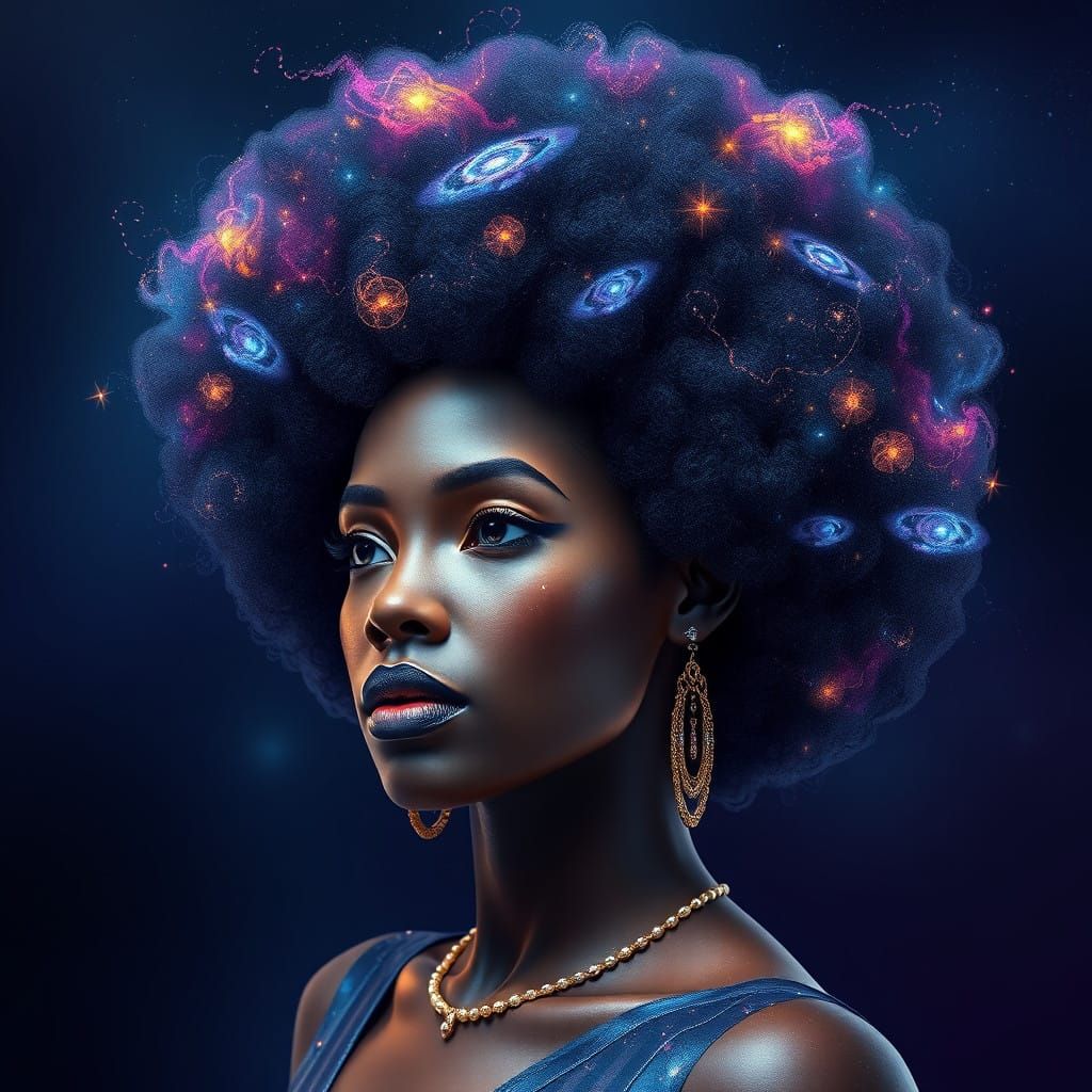 Astonishing Black Goddess with Cosmic Afro, in Unreal Engine...