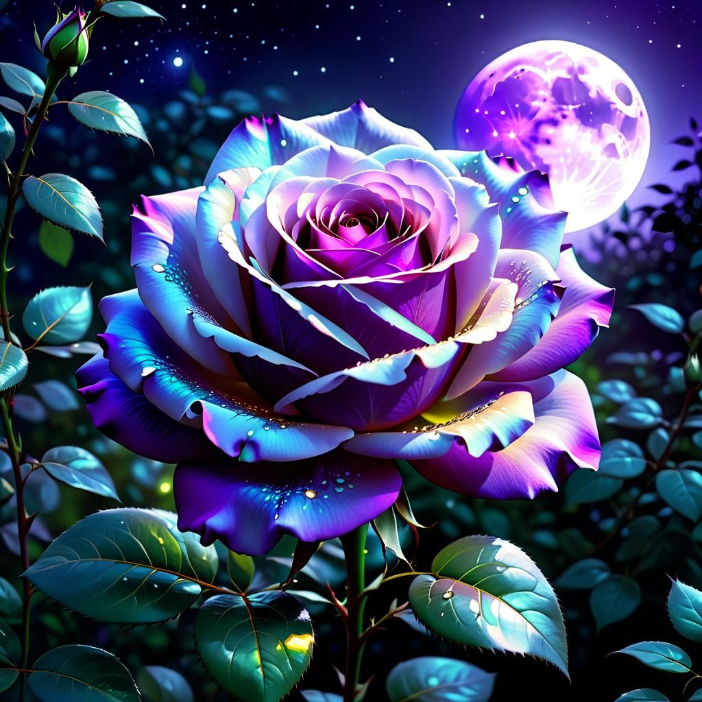 Iridescent Purple Rose in Moonlit Garden: Digital Art
