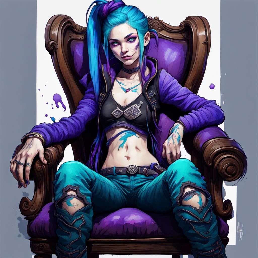 jinx, League of Legends, sitting on a wooden armchair