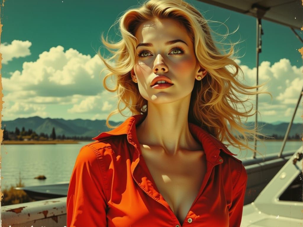 Dichen Lachman as Flight Attendant Pin Up in Vibrant Oil Pai...