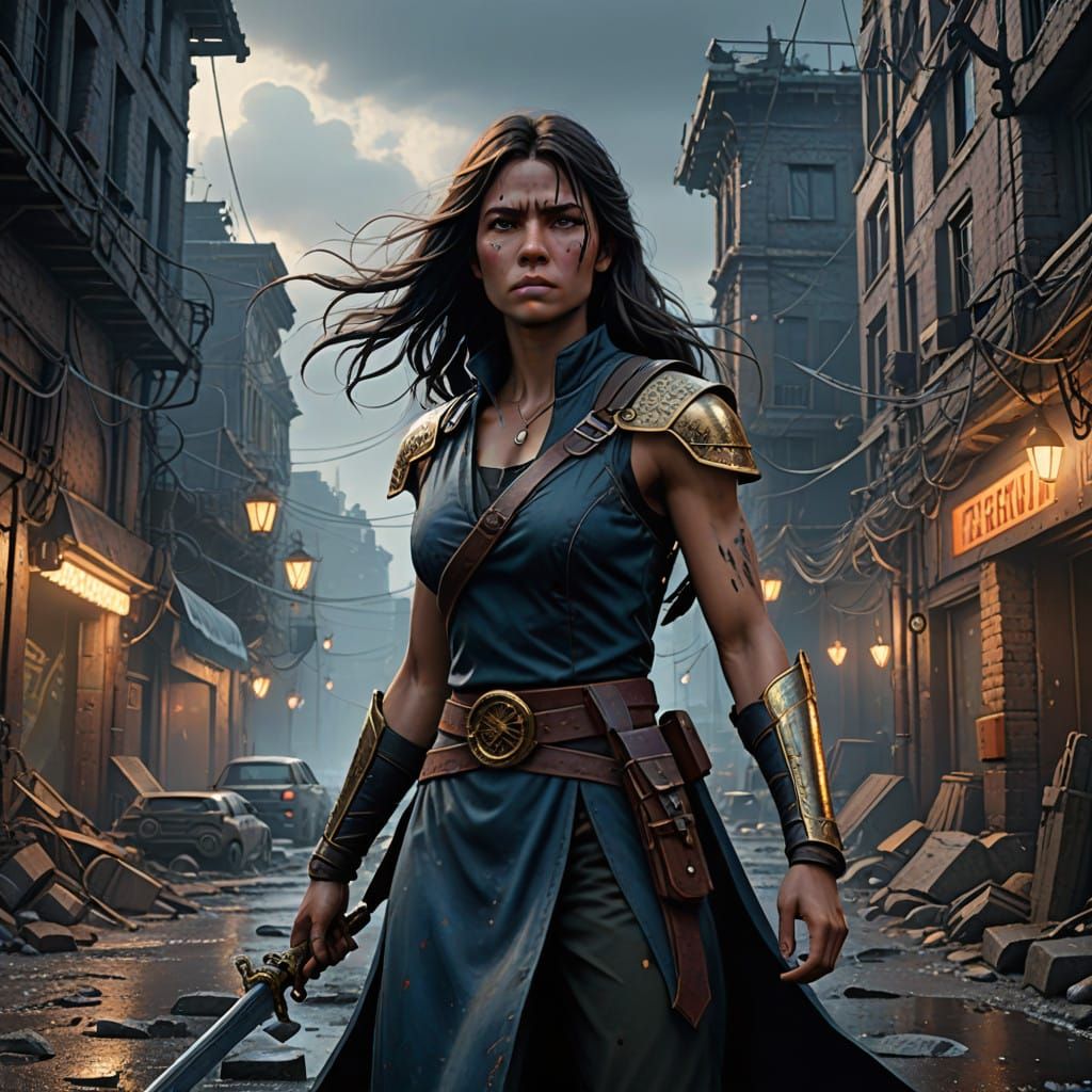 Strong Female Warrior in Ancient Citadel