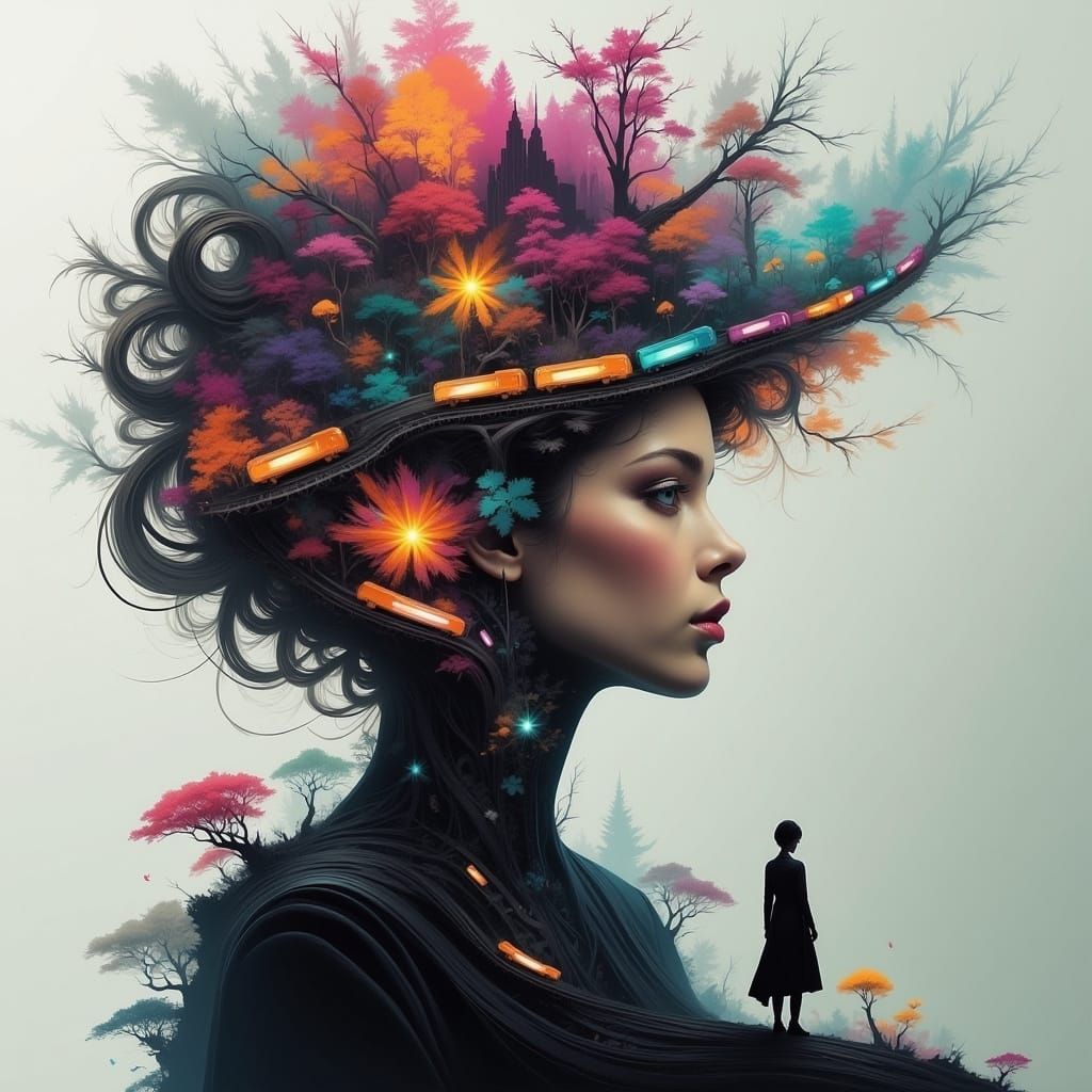 Surreal Double Exposure Portrait of a Silhouetted Woman with...