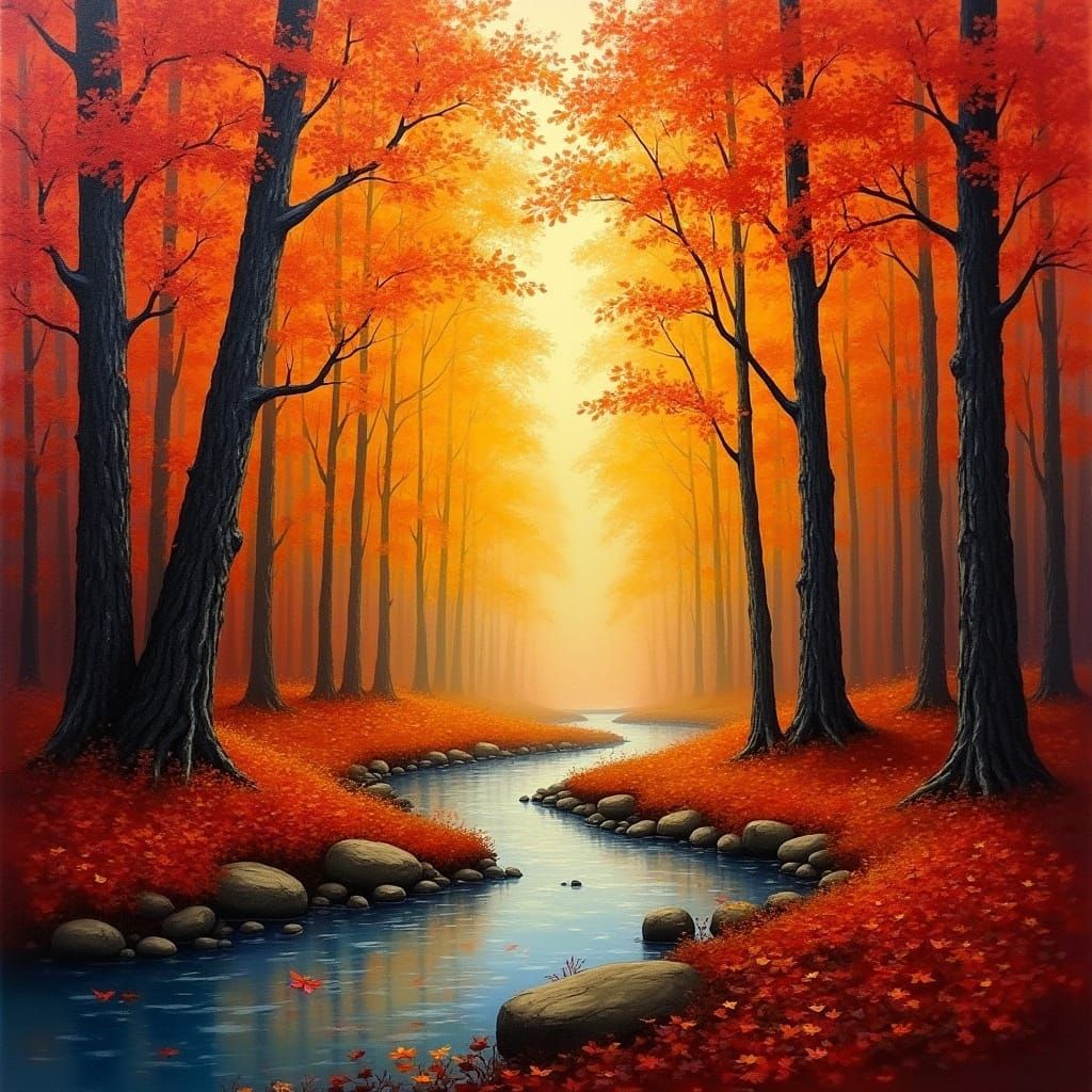 Golden Autumn Forest Scene in Vibrant Abstract Style