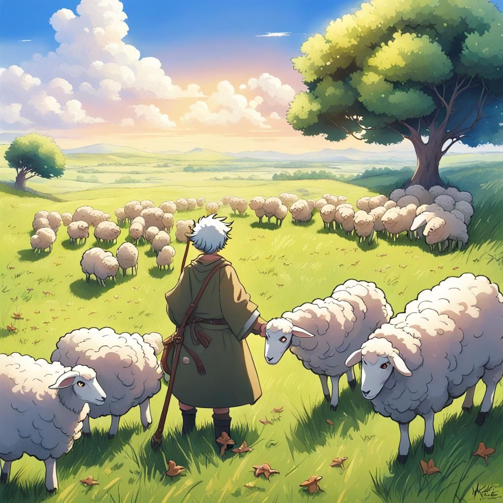 Dragon Sheep Herd on Grassy Plains, Anime Style