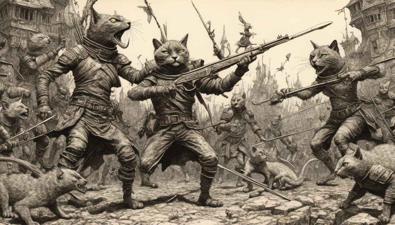 Cat Warriors Clash with Lizards in Fantasy Battle
