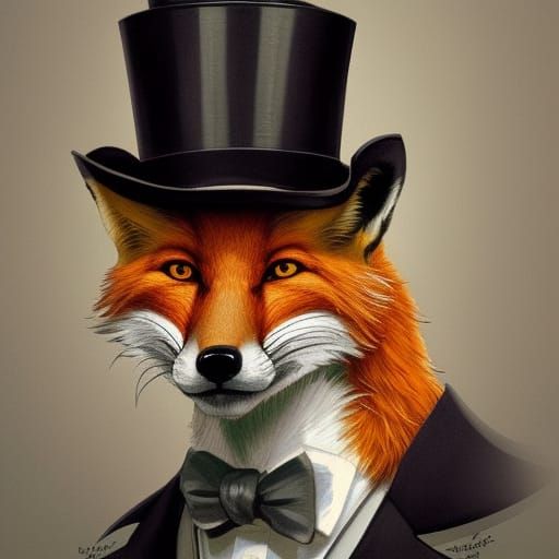 Fox in Top Hat Portrait, Hyperdetailed Art