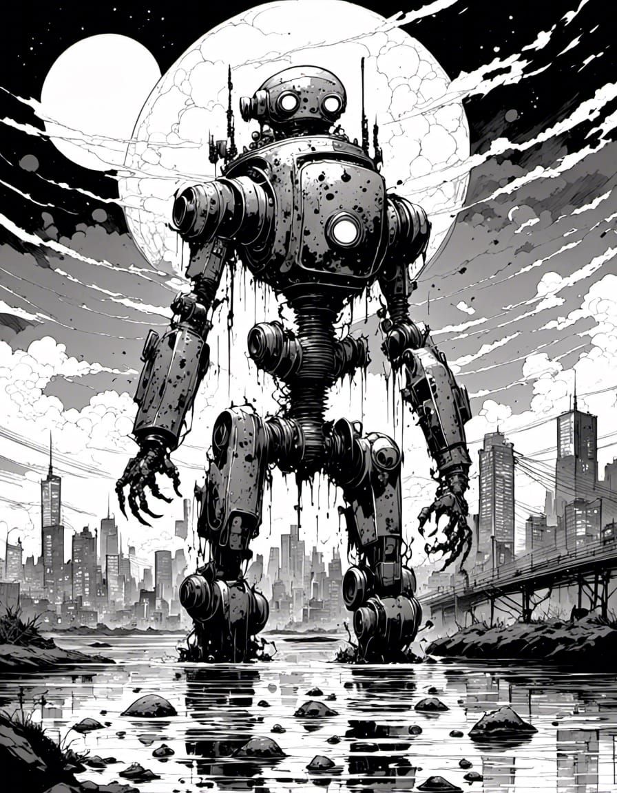 Radioactive Robot Overlooking Surreal Landscape