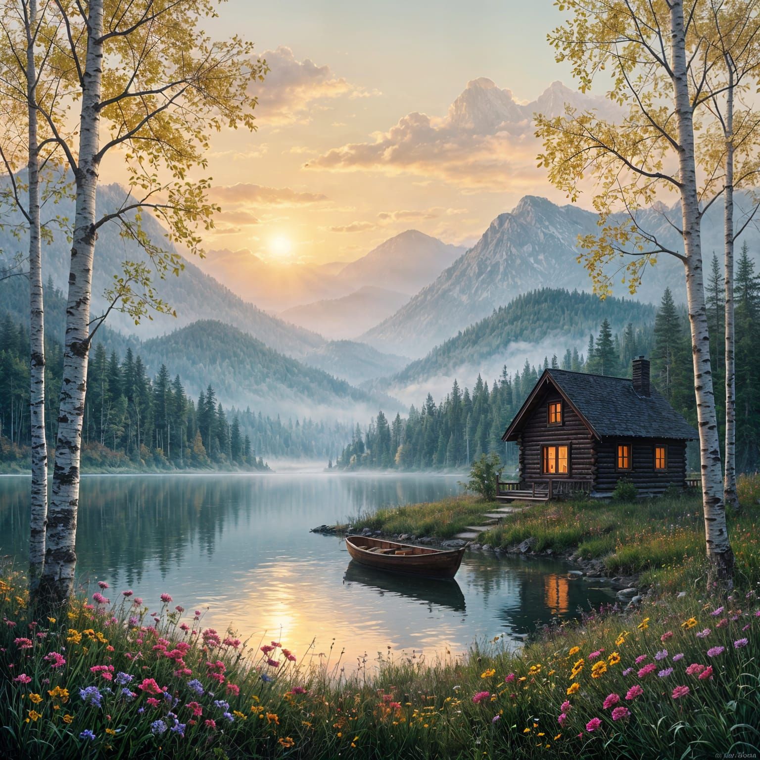 Misty Mountains Sunset Over Calm Lake, Cabin and Boat