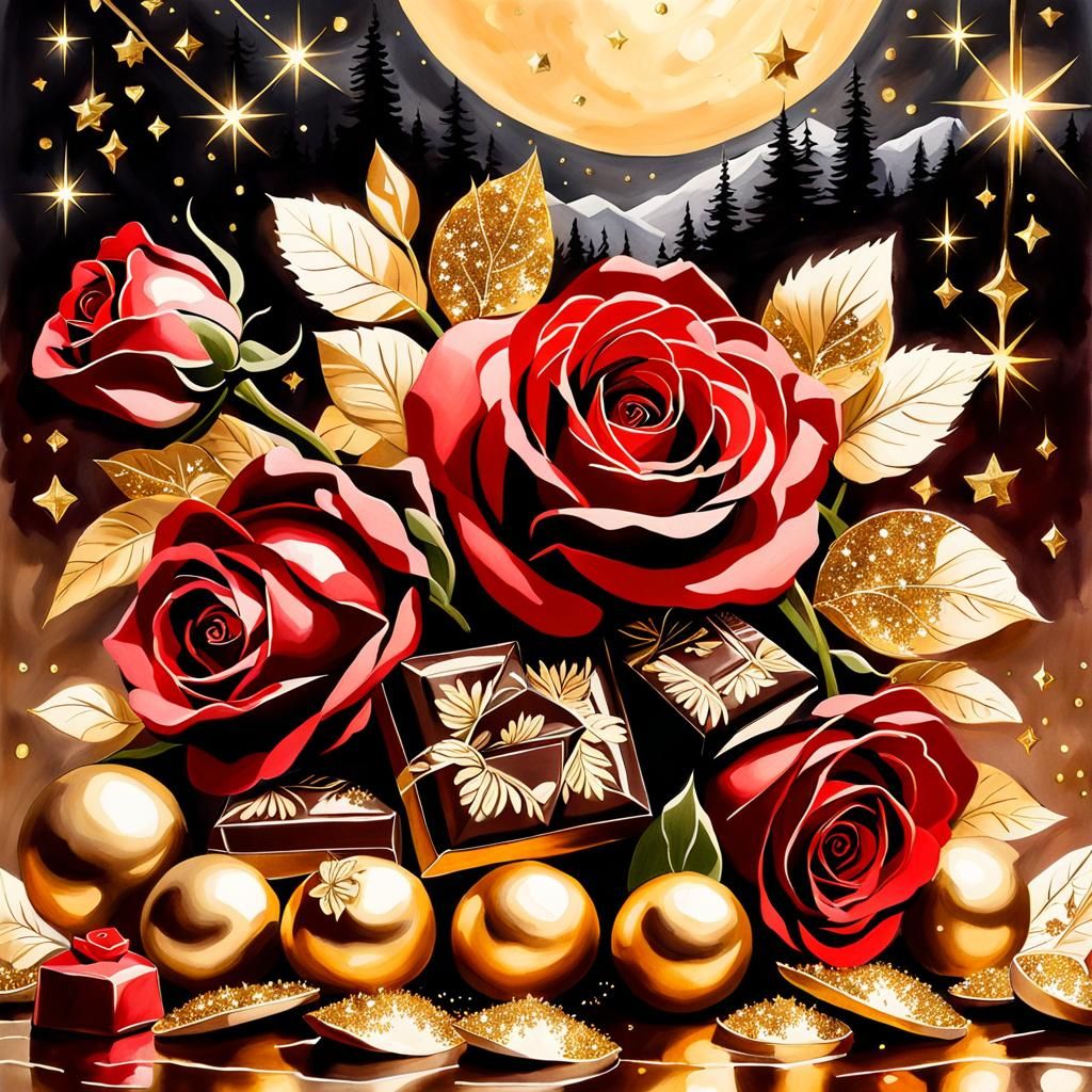 Chocolates and Roses Painting with Gold Sparkles
