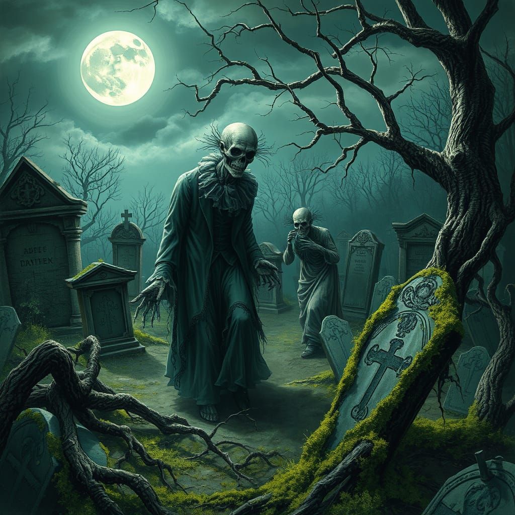 Undead Rise in Abandoned Cemetery under Full Moon
