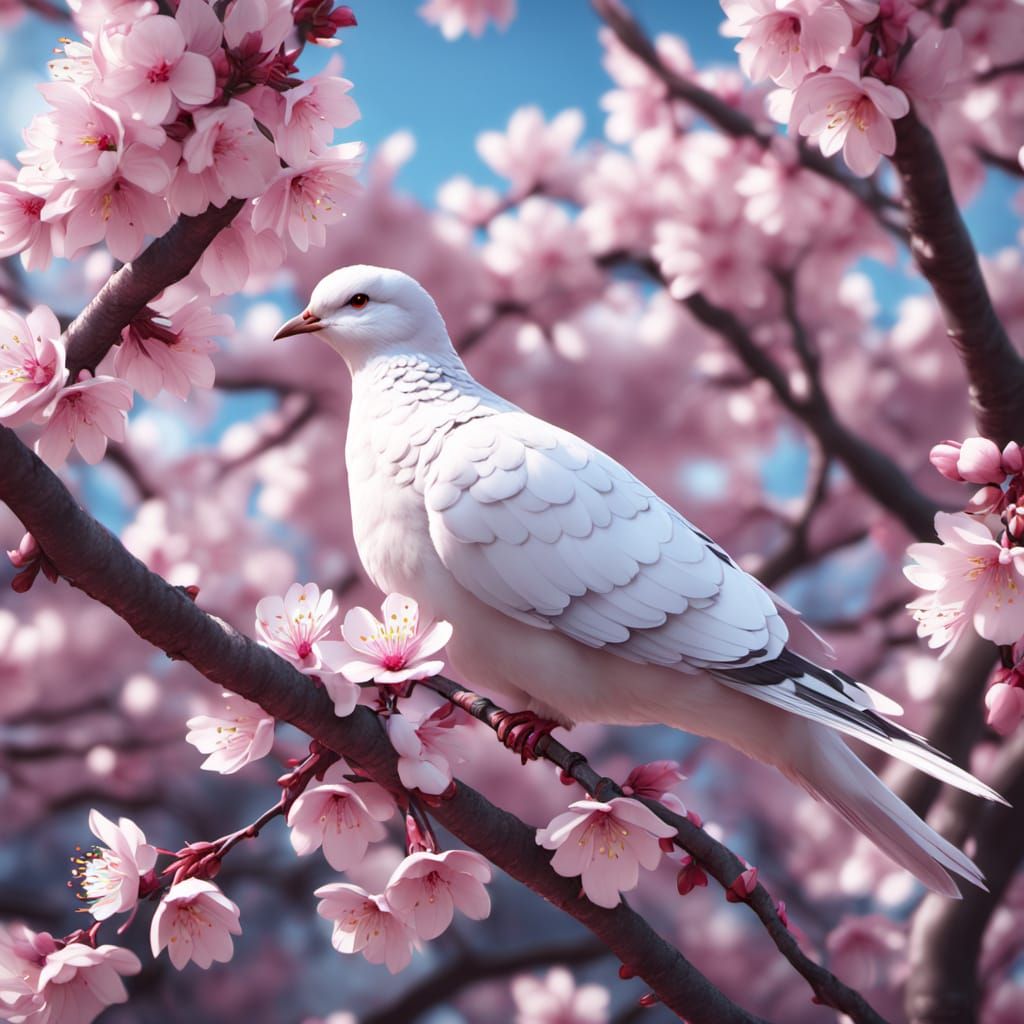 Vibrant Pink Cherry Blossom Scene with a Majestic White Dove
