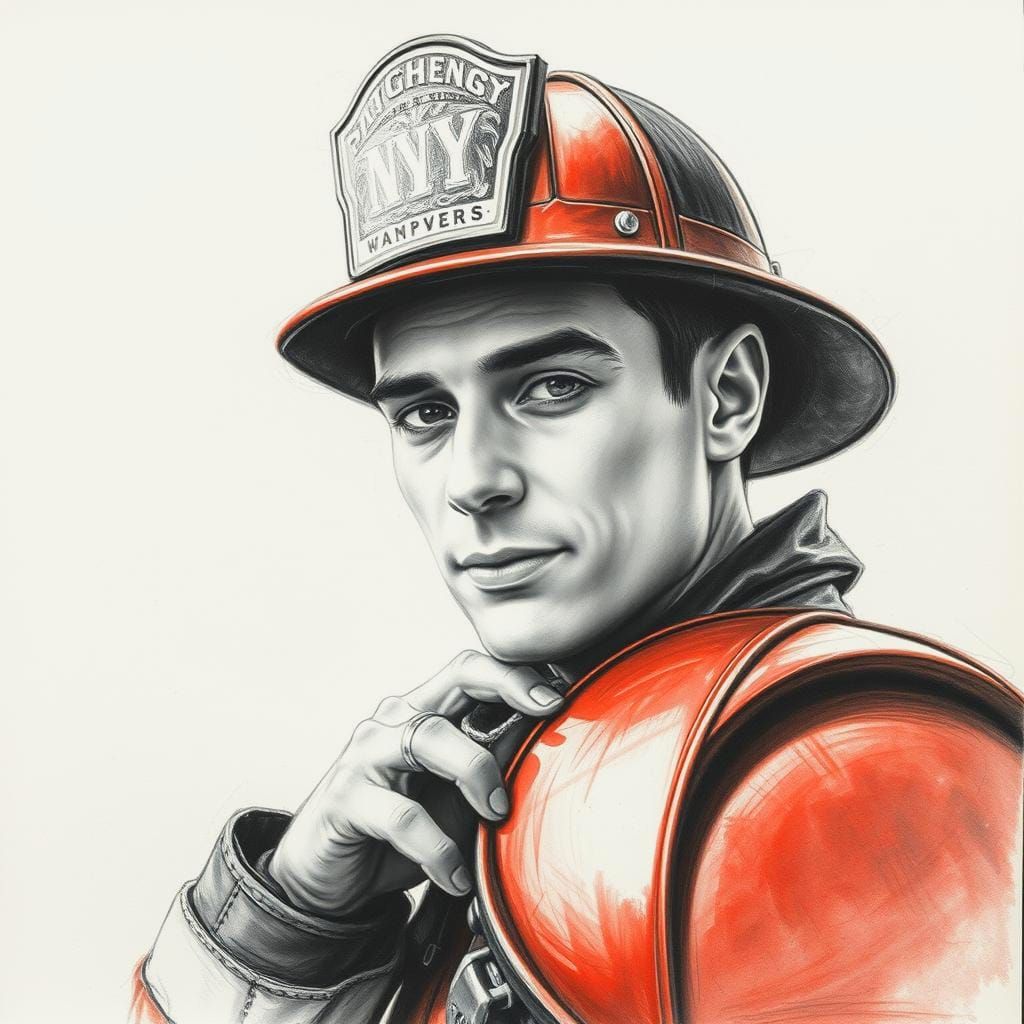 Ethereal 1920s Fireman Portrait in Charcoal