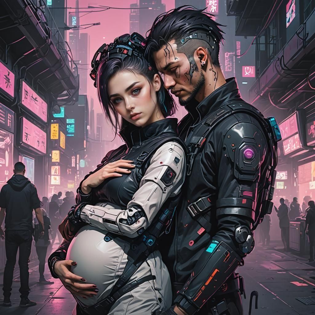 Cyberpunk couple waiting for birth