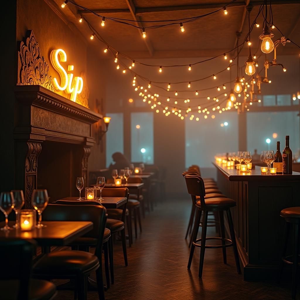 Cozy Wine Bar on Foggy Evening: Hyperrealistic Art