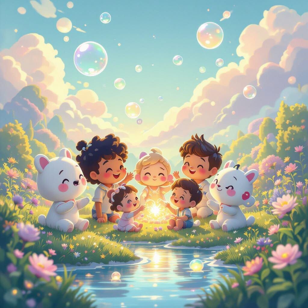 Joyful Whimsical Characters in Ethereal Heaven Realm