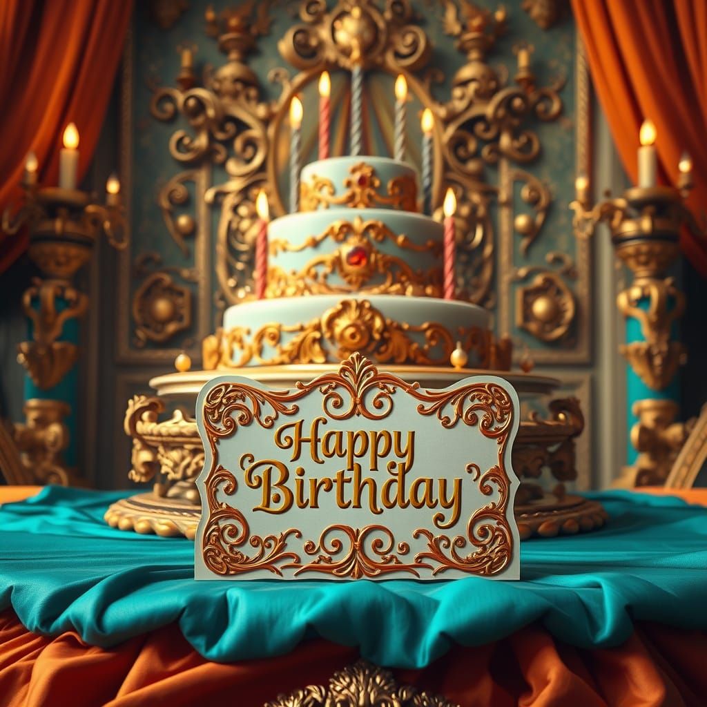 Ornate Birthday Card and Cake in Fantasy Art Style