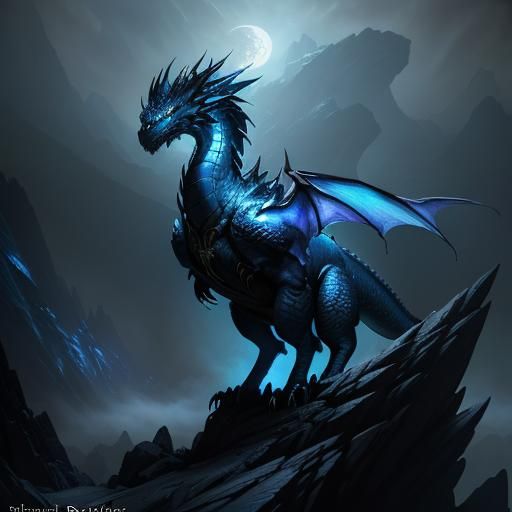Blue Dragon in Moonlit Forest: Digital Art