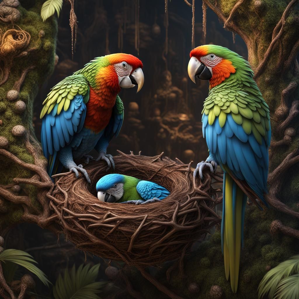 Colorful Parrot Nests: Detailed Fantasy Art