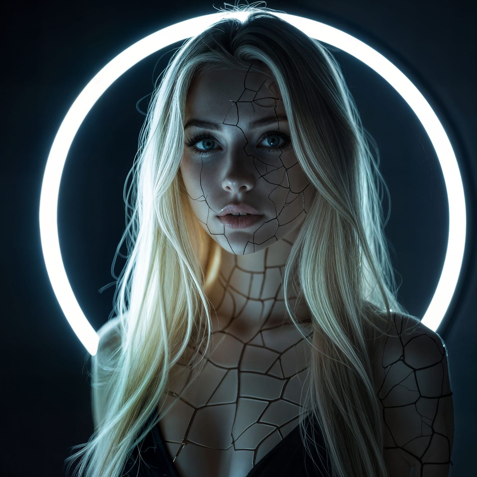 Woman With Cracked Skin Lit By Light in Dark Room