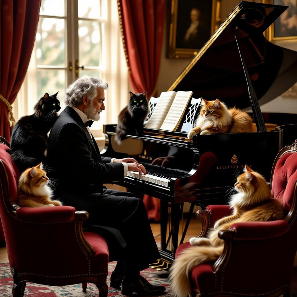 Maurice Ravel with Cats at Piano, Ultra-Realistic