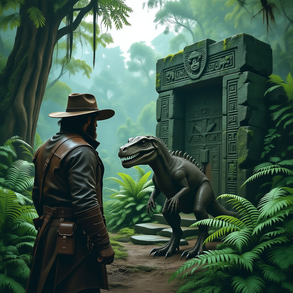 Frustrated Time Traveler in Prehistoric Dystopian Landscape