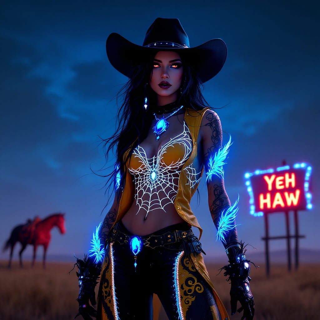 Goth Cowgirl Goddess in Whimsical Fantasy Landscape