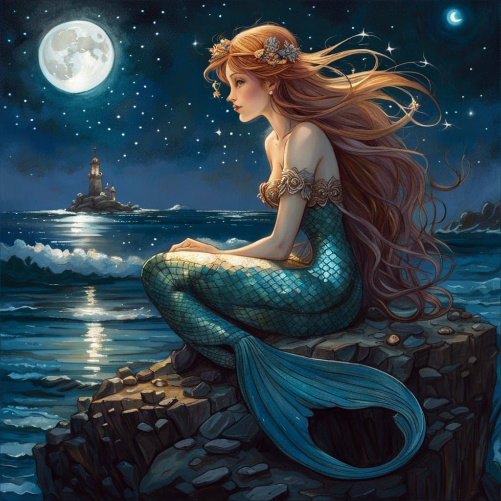 Enchanted Mermaid Gazing at Starry Horizon