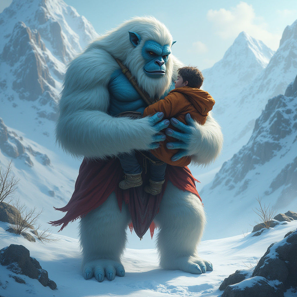 Yeti Cradling Traveler in Blizzard: Fantasy Art