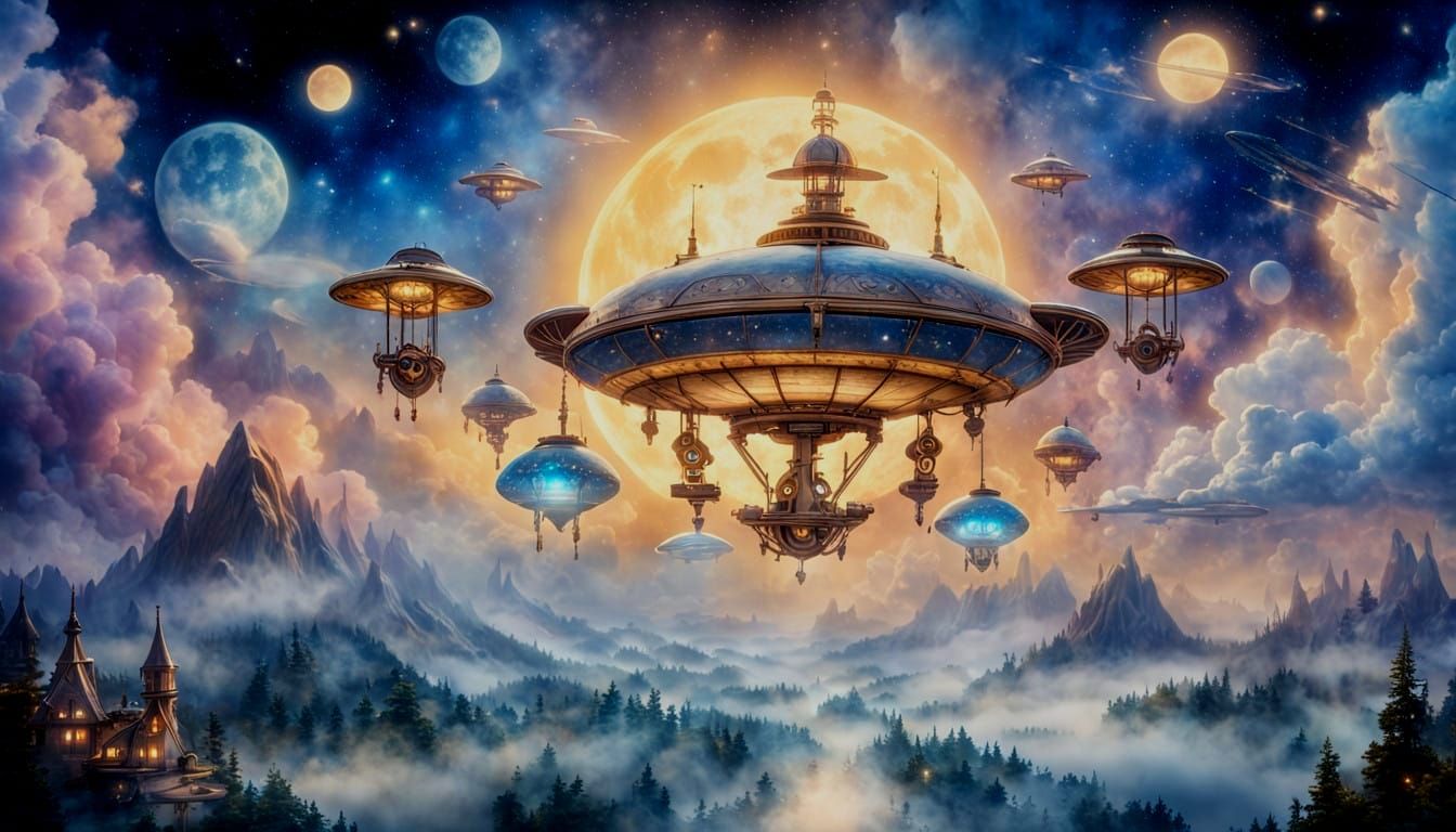 Steampunk Spacecrafts in Ethereal Moonlight