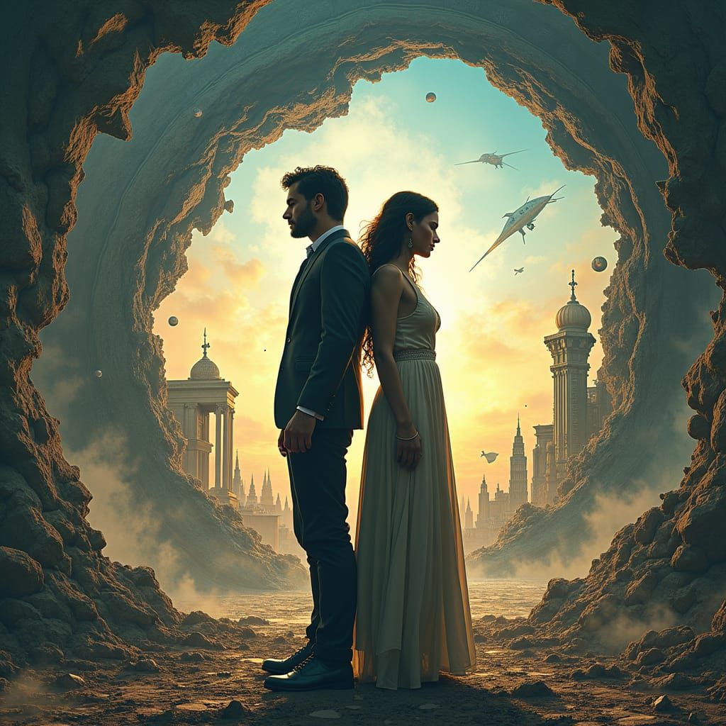 Time Vortex Confrontation in Dystopian Sci-Fi Landscape