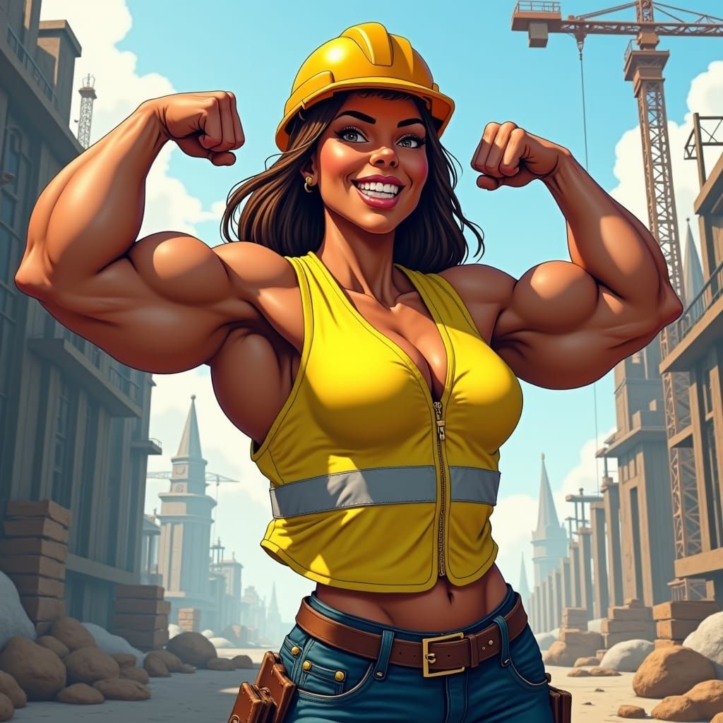Muscular Woman Bodybuilder Flexing at Construction Site