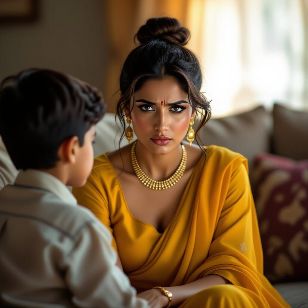 Attractive Indian Woman in Yellow Outfit with Nephew