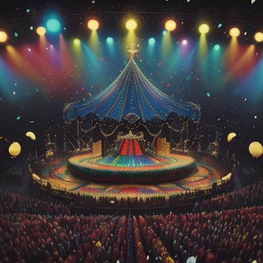 Cats Dancing in Pointillist Circus Scene