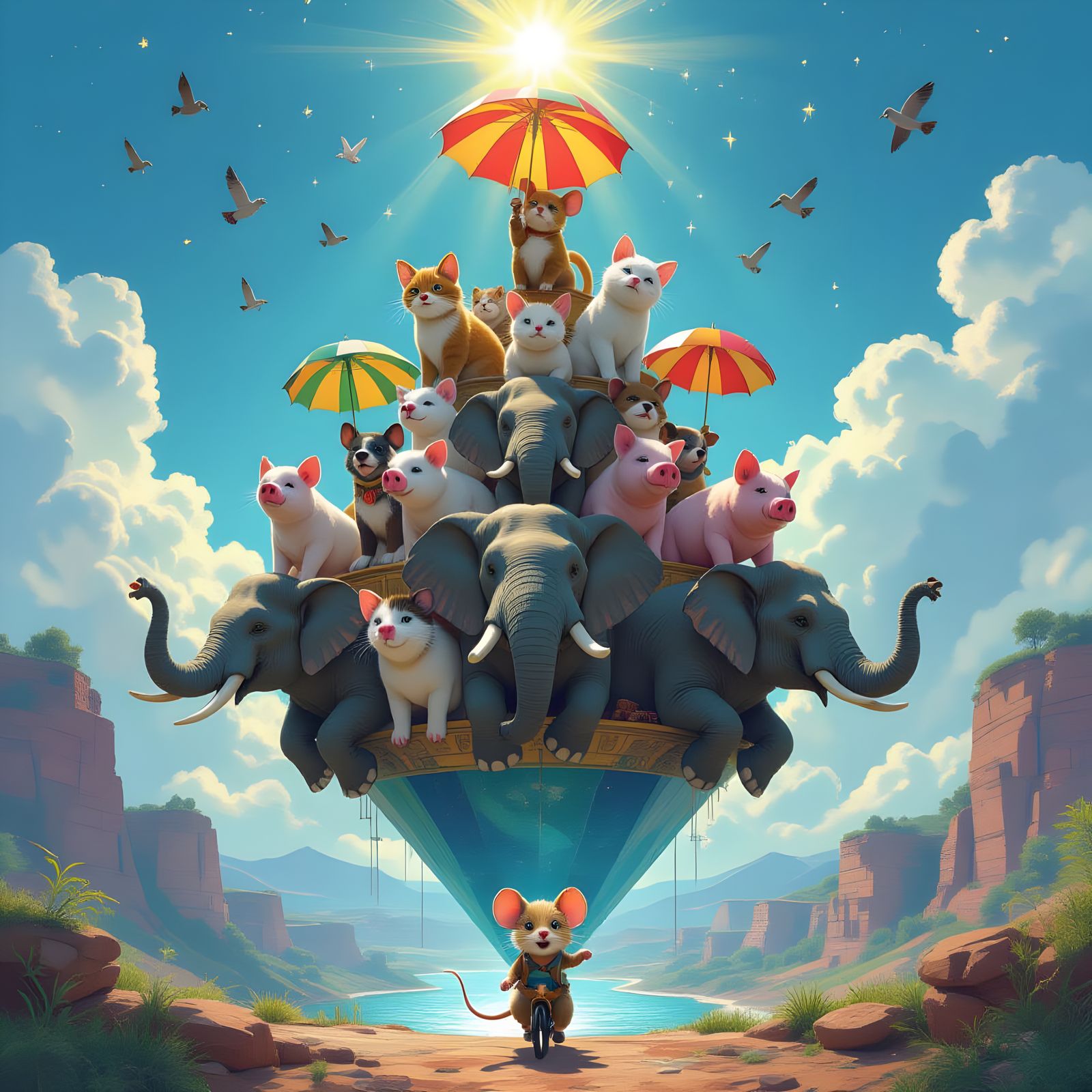 Animal Pyramid Under Striped Umbrellas in Scenic Gorge