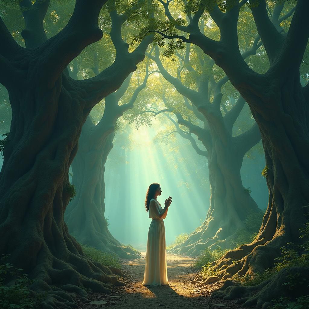 Serene Woman in Mystical Forest, Matte Painting