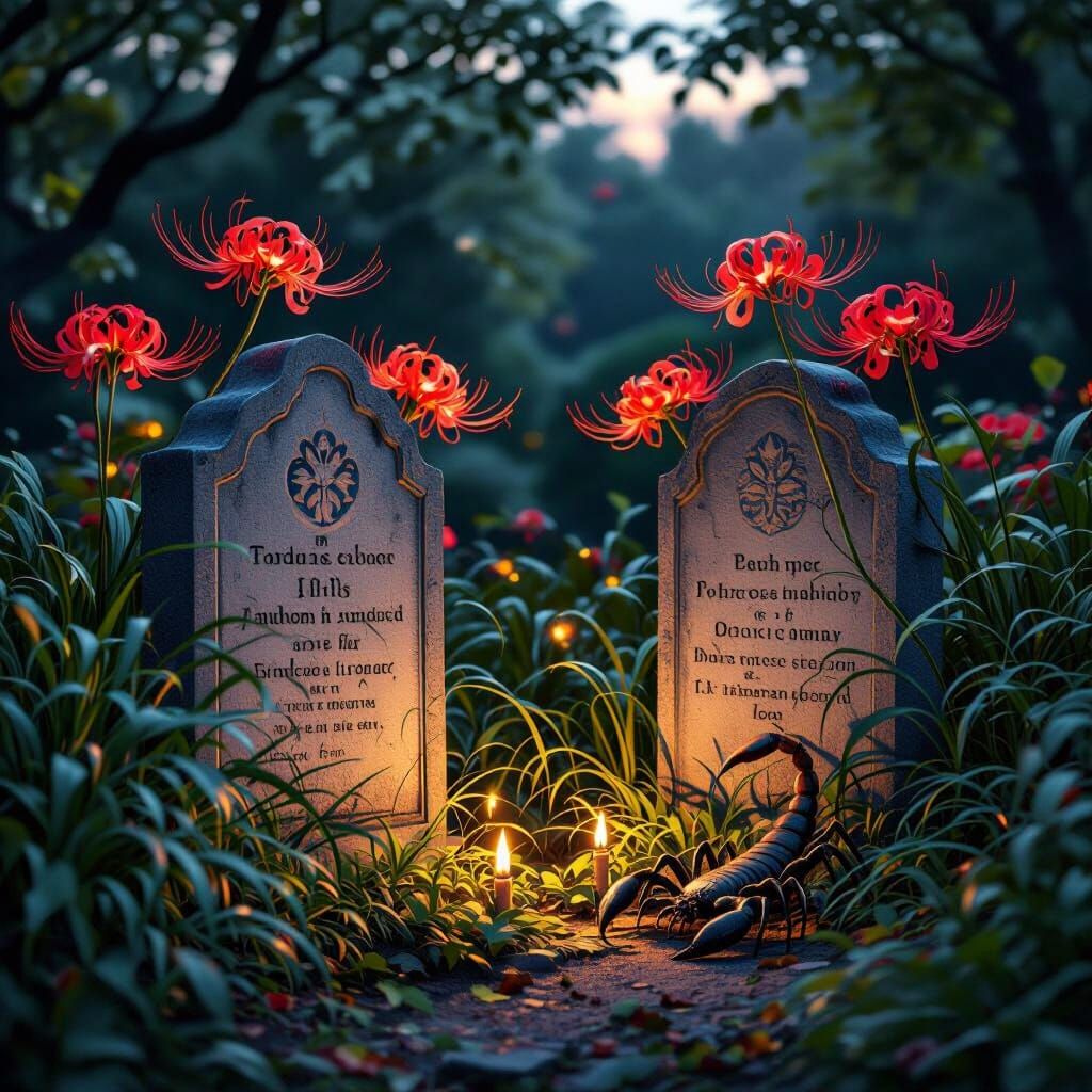 Serene Garden at Dusk with Two Epitaphs and Red Lilies