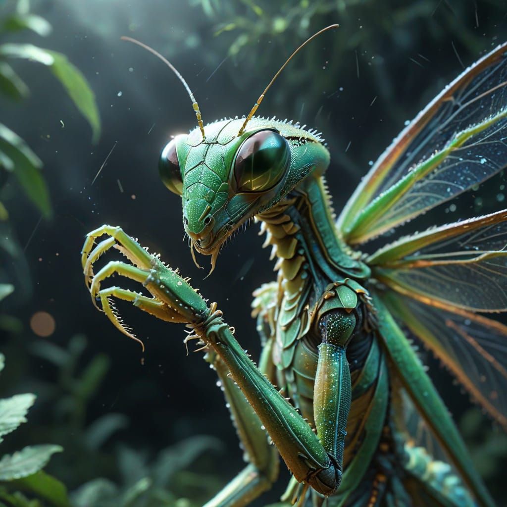Dreamy Mantis in Surreal Moonlight, Cinematic Close-Up