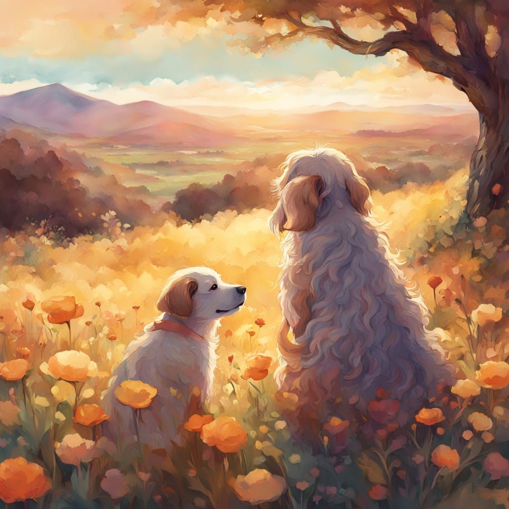 Whimsical Watercolor Scene of a Child and Dog in a Golden Af...