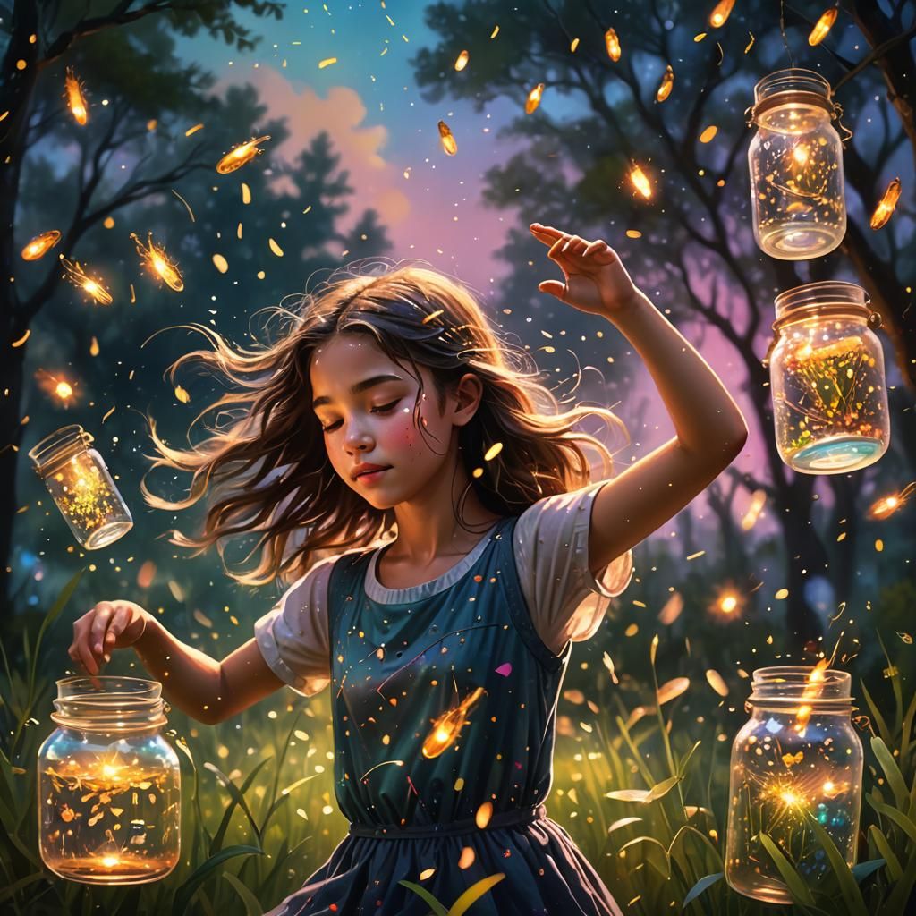 Girl Dancing with Fireflies: Hyperrealistic Splash Art