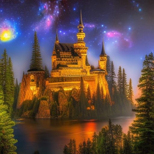 Milky Way Over Magical Castle, as Digital Painting
