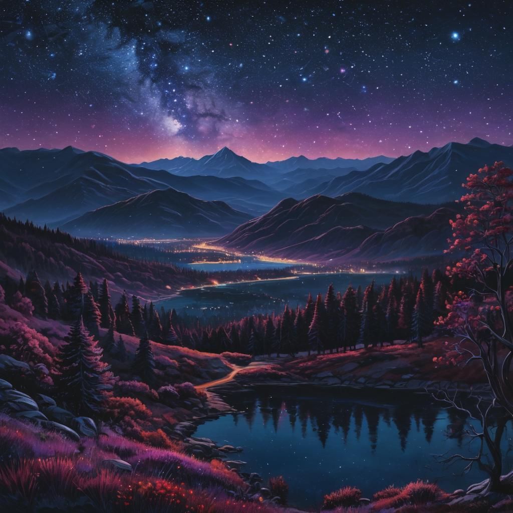 Vibrant Landscape Painting with Starry Night Sky