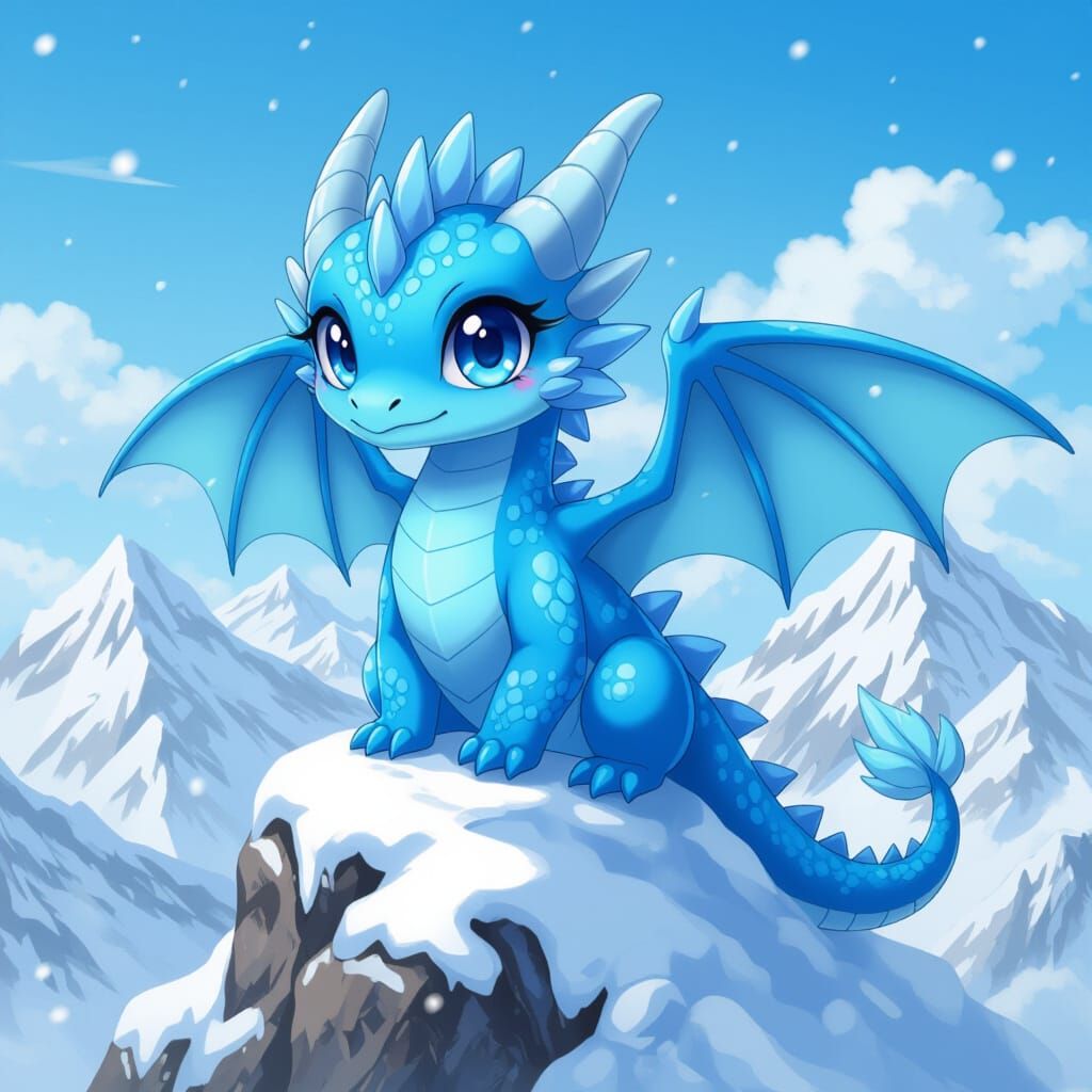 Chibi Ice Wyvern on Snowy Peak in Anime Style