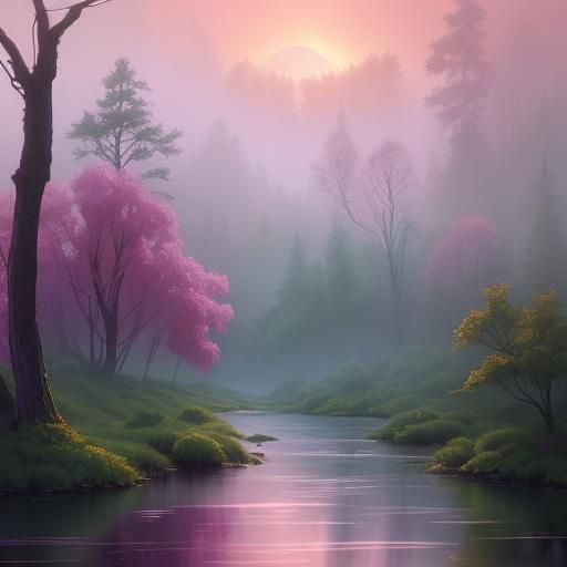Ethereal Fantasy Forest Panorama with Magical River