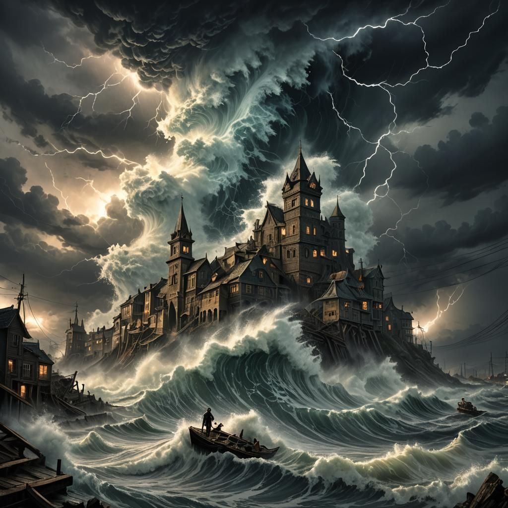 Apocalyptic Tsunami Wave Crashing Over Coastal Town