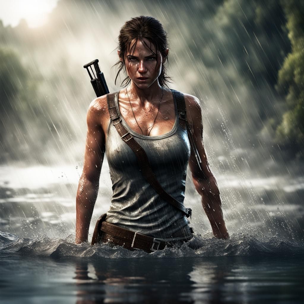 Hyperrealistic Lara Croft Emerges from Water