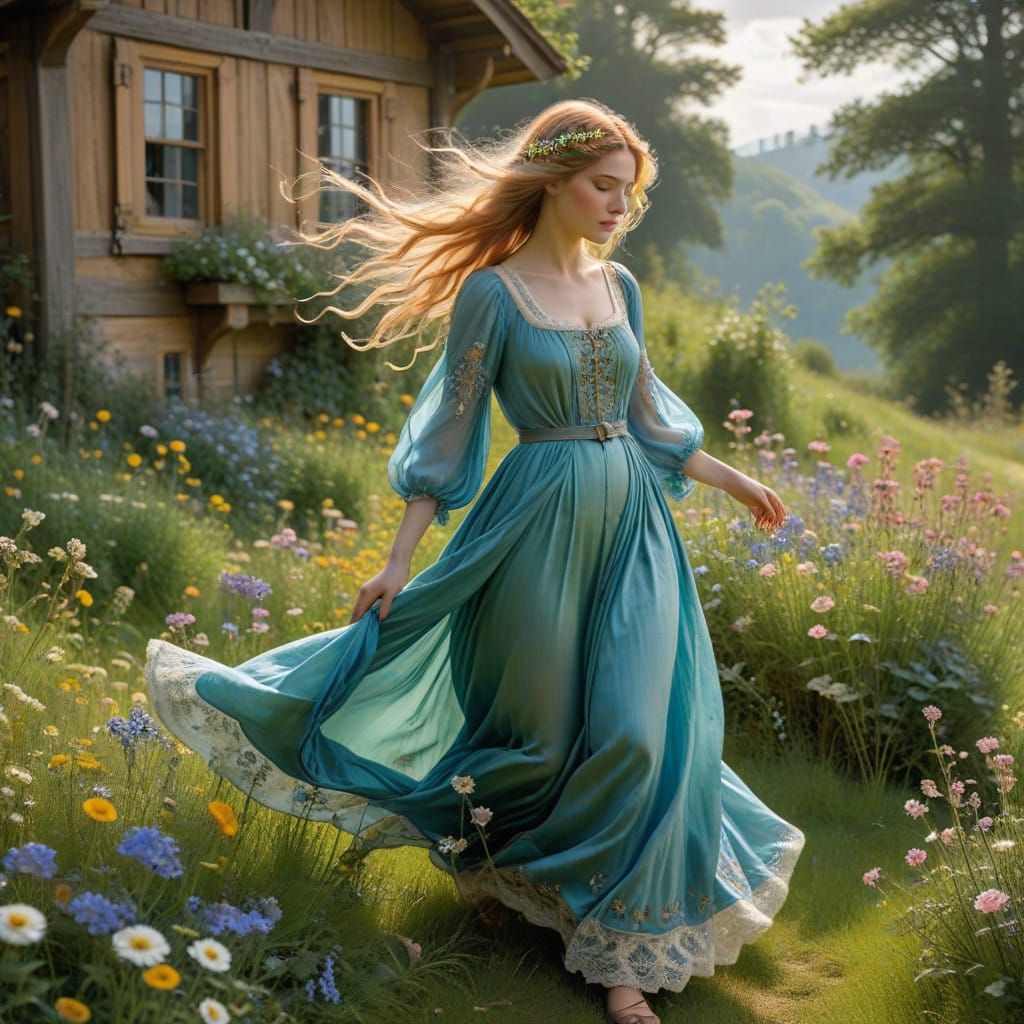 Ethereal Lady in Whimsical Field