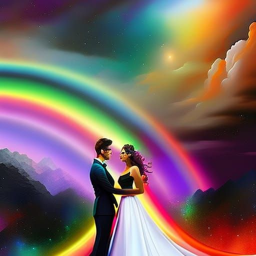Bride and Groom on Rainbow Bridge, Impasto Painting